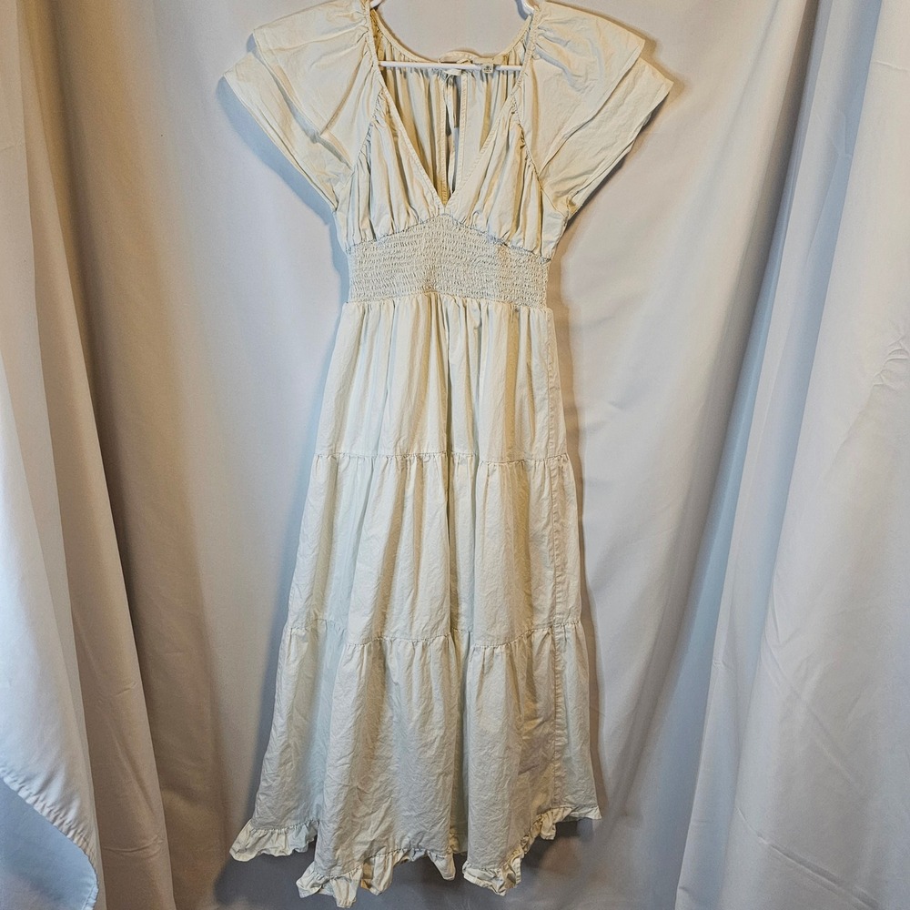 En Elly Tiered Midi Dress Small Cream Cottagecore Boho Cotton Smocked Milk Maid